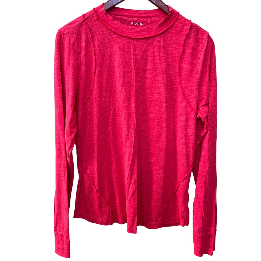 Pilcro Long Sleeve Mock Neck Slub Knit Top Fuchsia Pink Exposed Seams XL